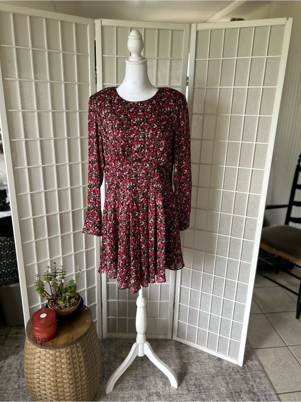 1.STATE Floral Mini Dress – Red Pink Ditsy Print Long Sleeve-Size S